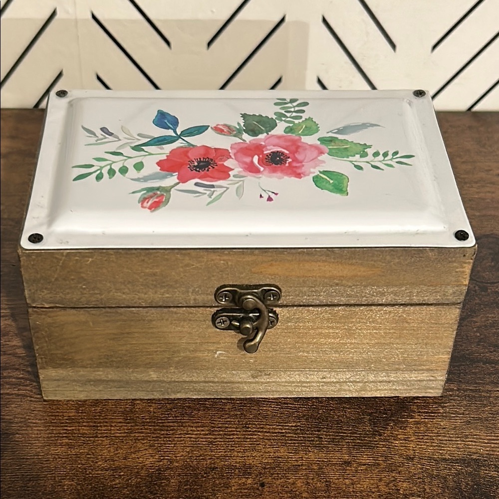 Wooden Trinket Jewelry Storage Box Floral Enamel Tin Top Metal Clasp Closure
